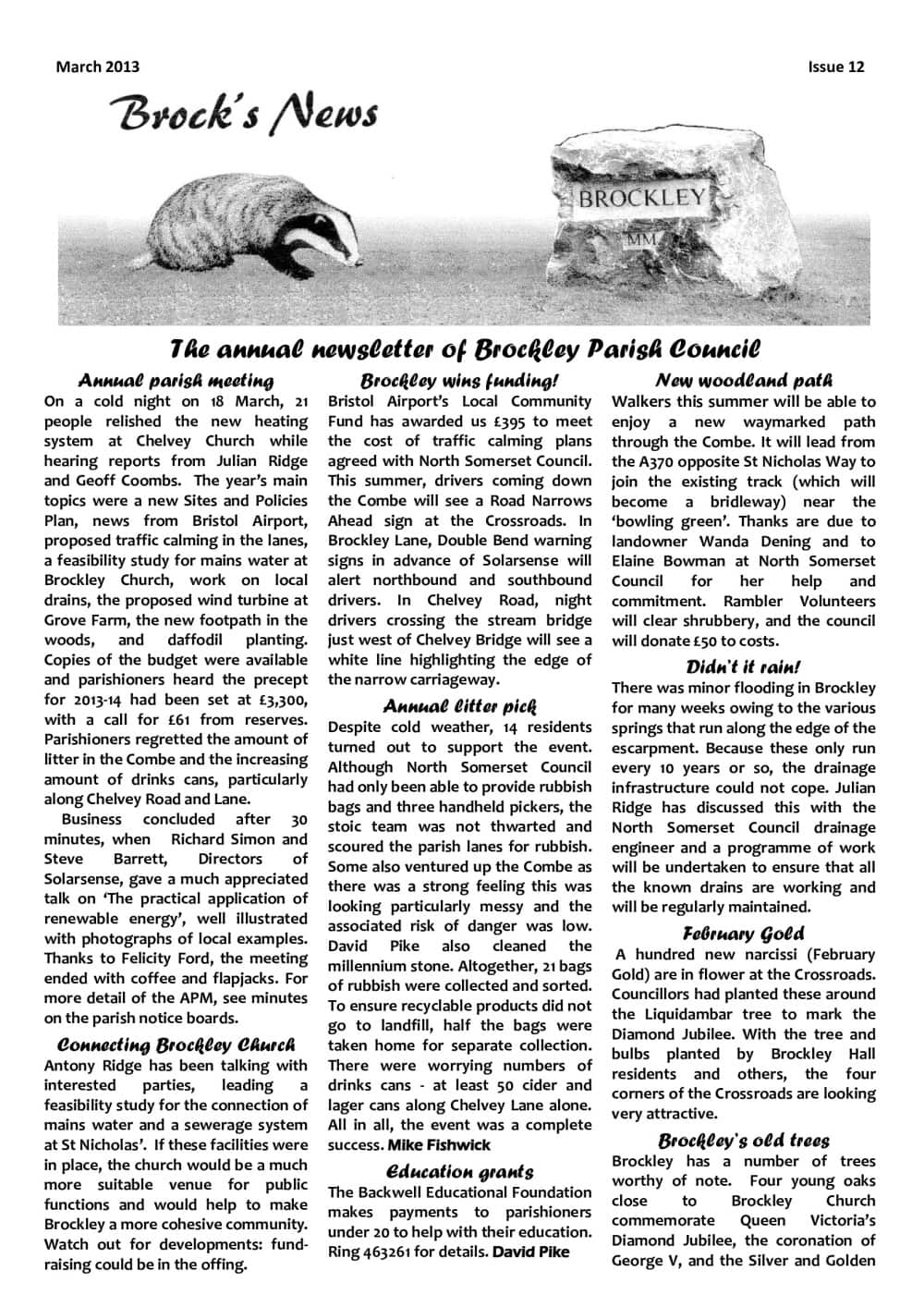 A black-and-white newsletter page with articles, headings, and images about Brockley Parish community news.