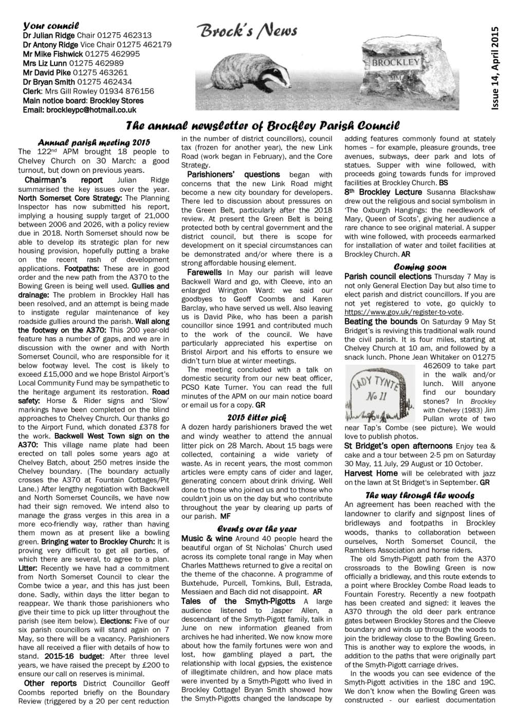 A black-and-white newsletter page with articles, headlines, contact info, and a sketch of a village sign.