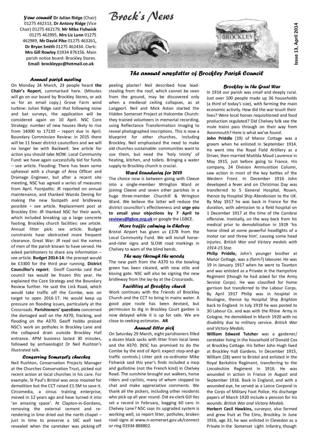 A black-and-white newsletter page with articles, a Brockley sign photo, and a drawing of a badger.