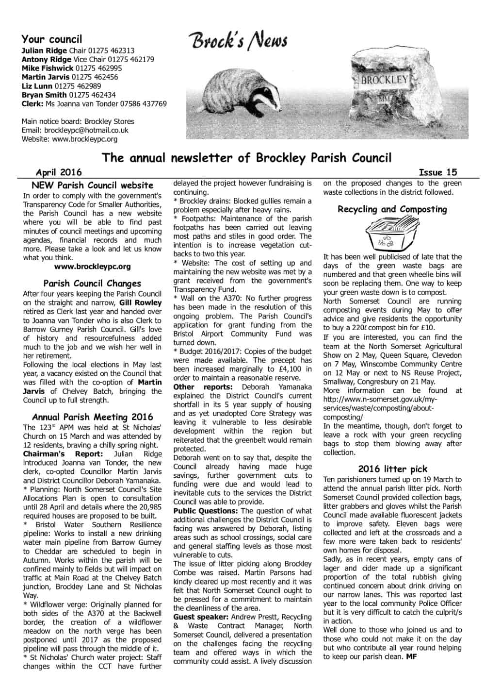 Black-and-white newsletter titled "Brock's News" with articles and council contact information in a two-column layout.