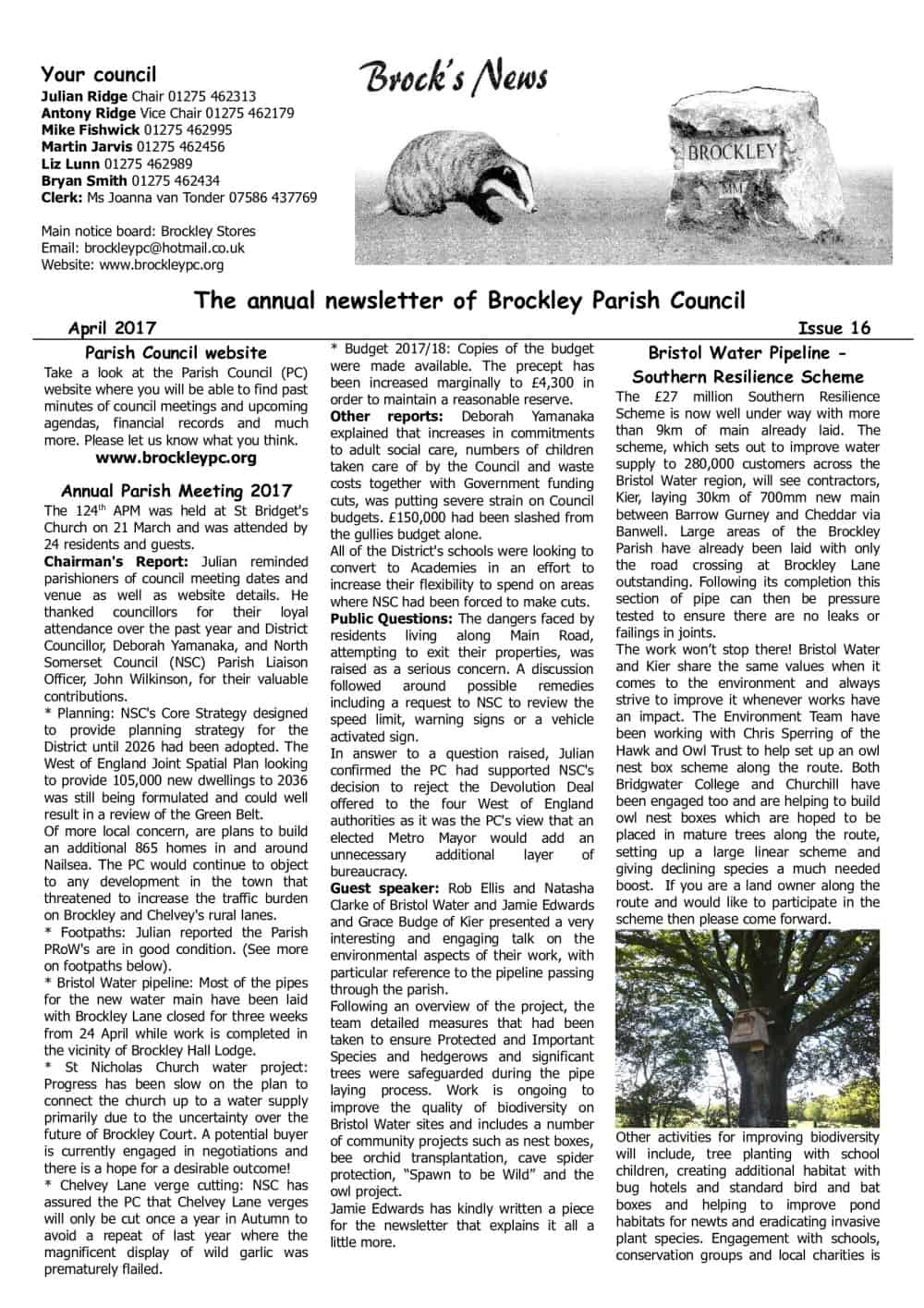 Newsletter with articles, council contact info, photos of trees, wildflowers, and a local outdoor event in Brockley.