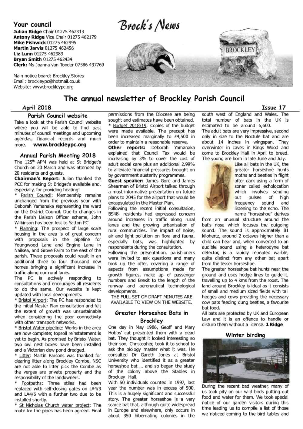 A black-and-white newsletter page with articles, photos, and headings about Brockley Parish events and news.
