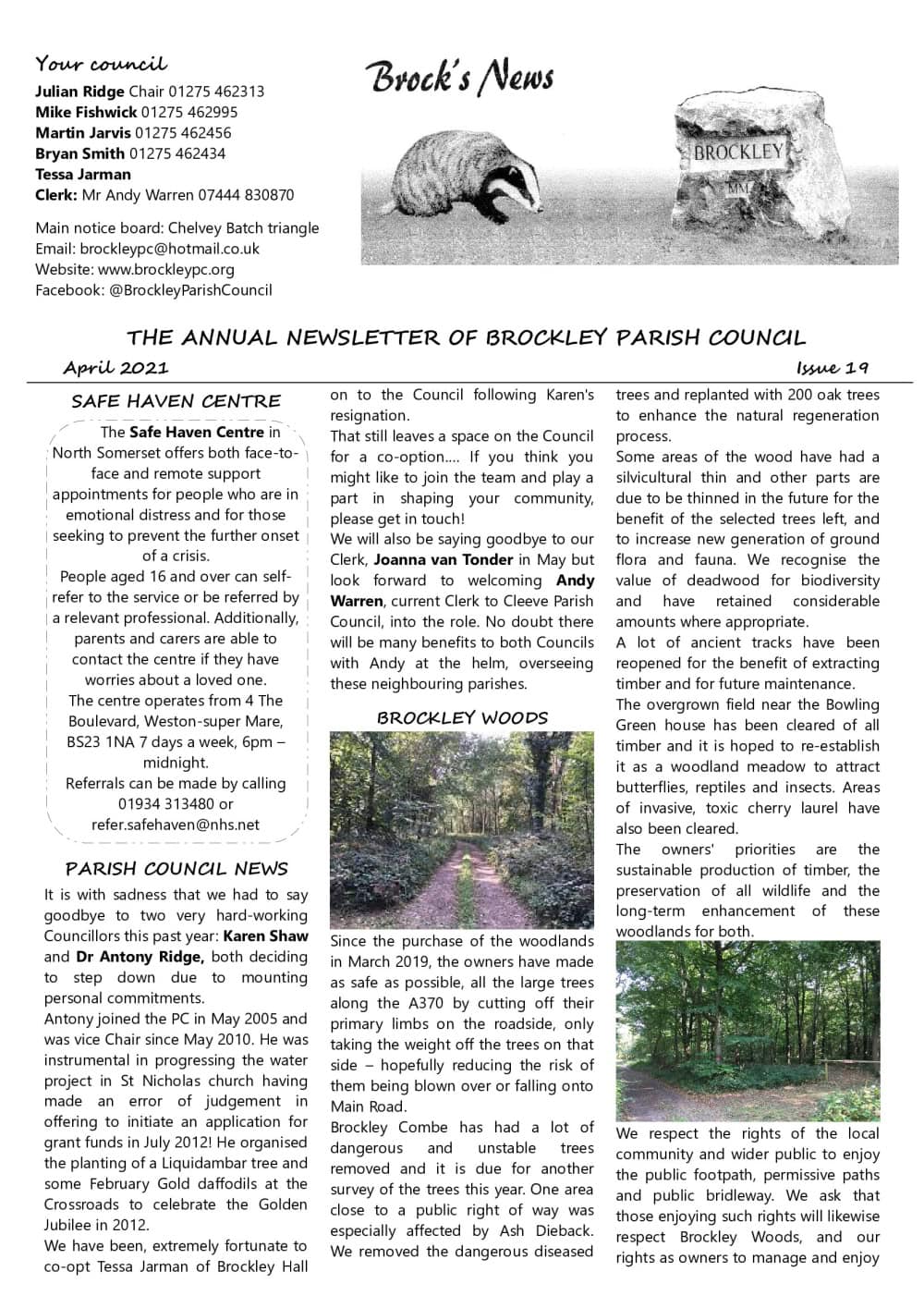 Newsletter page with council contact info, hedgehog drawings, and articles about local projects and Brockley Wood.