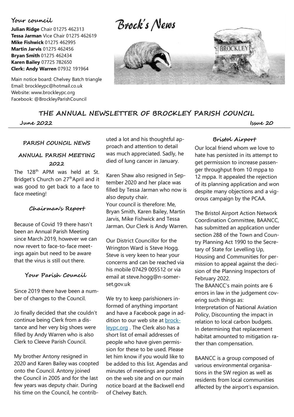Brockley Parish newsletter with council contacts, headlines, a badger illustration, and community news columns.