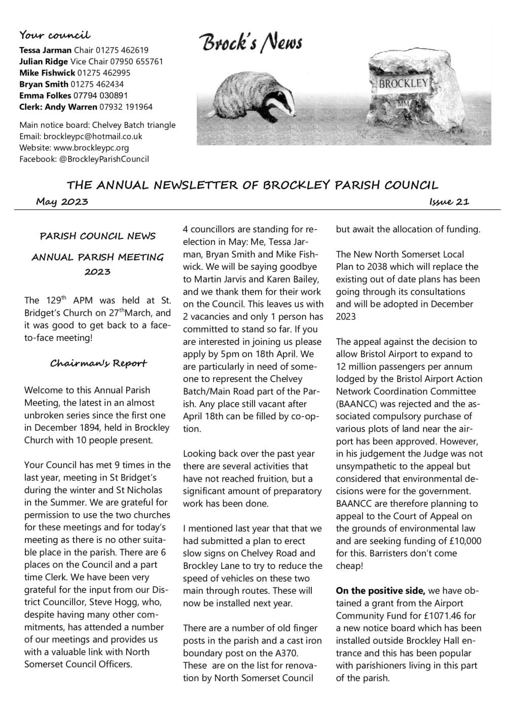 A black and white newsletter issue with text articles and a photo of a badger in the header.
