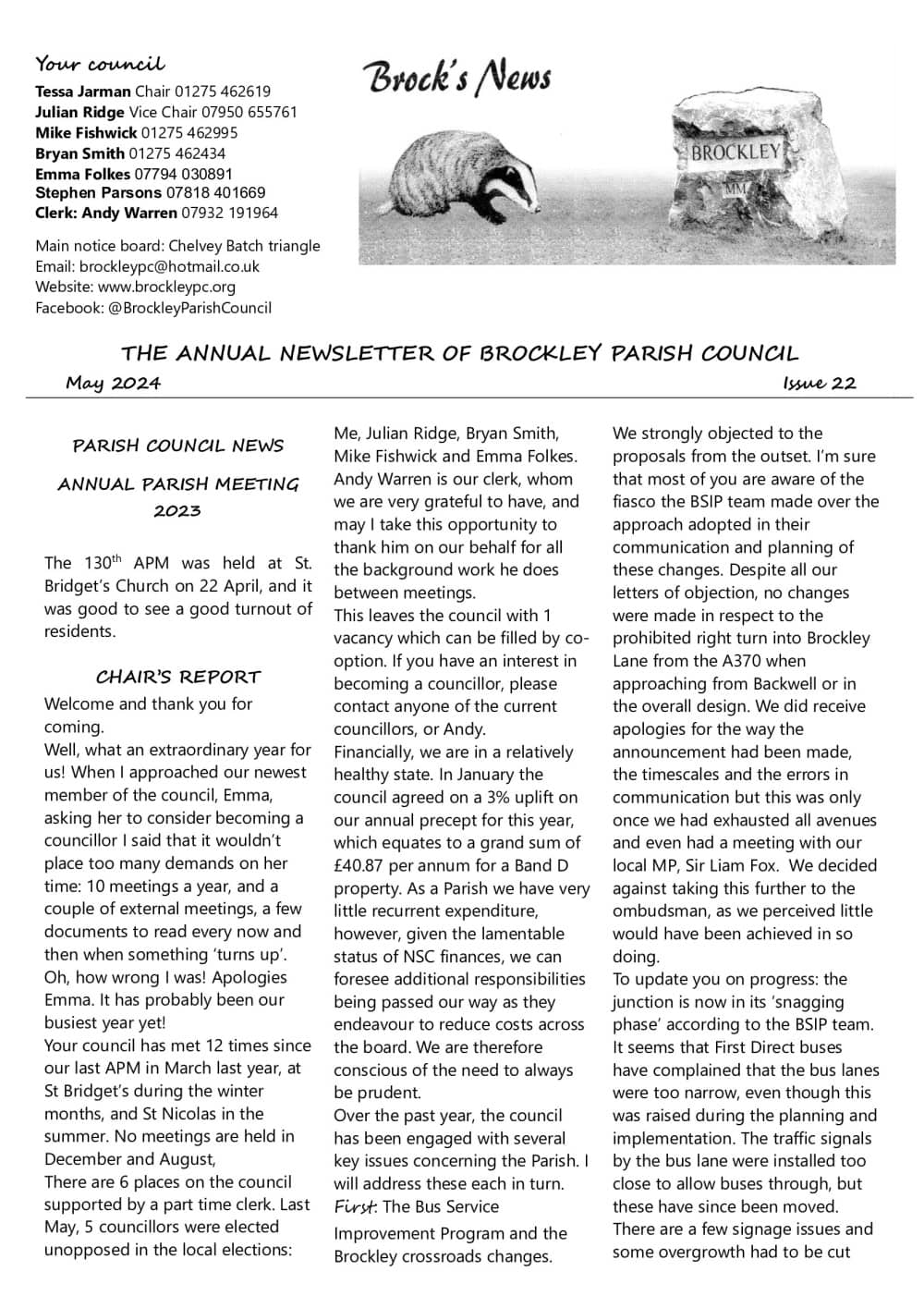 A black-and-white newsletter with text columns, a Brock's News logo, and an illustration of a badger.
