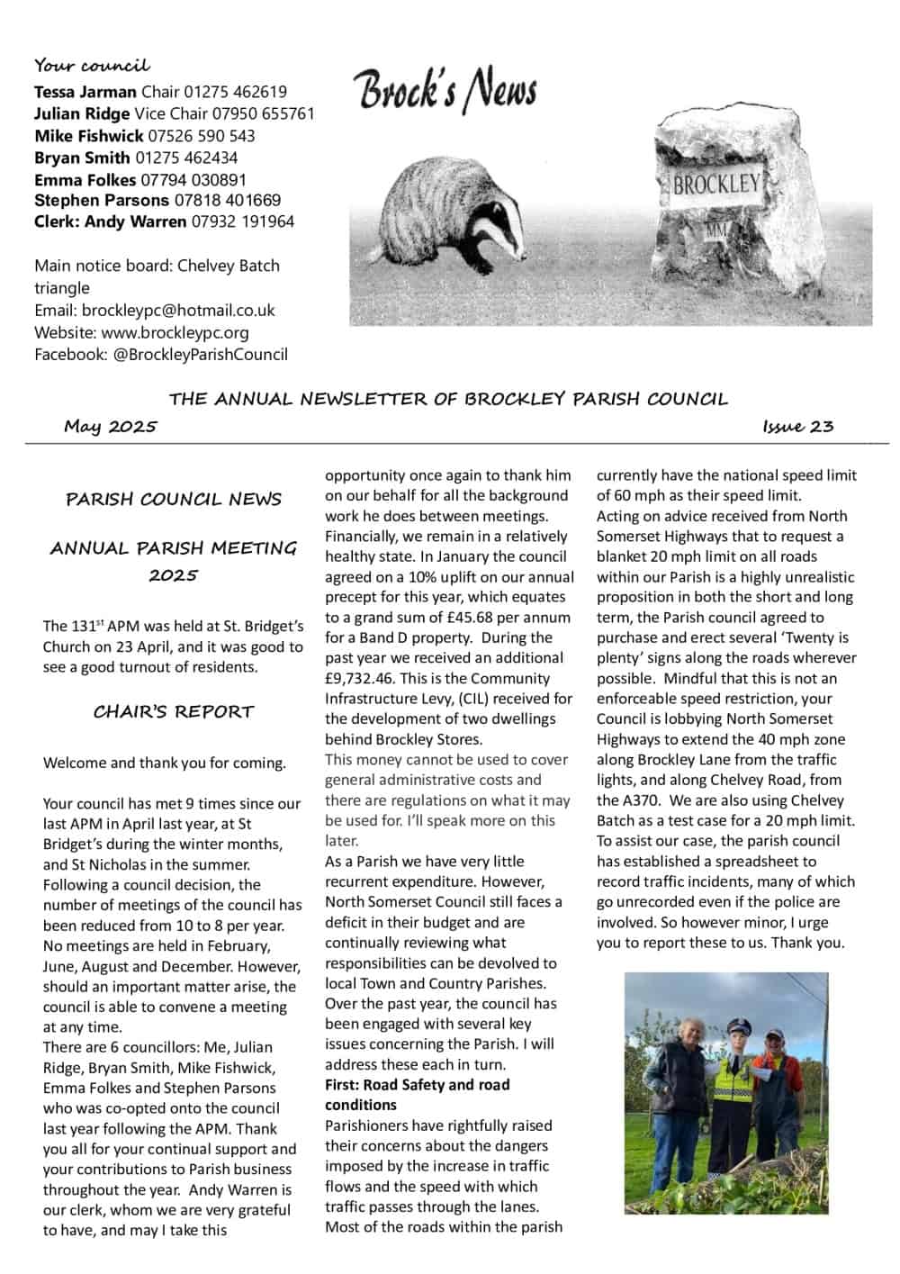 Newsletter with Brockley Parish Council info, a photo of a badger, and text about community events and updates.